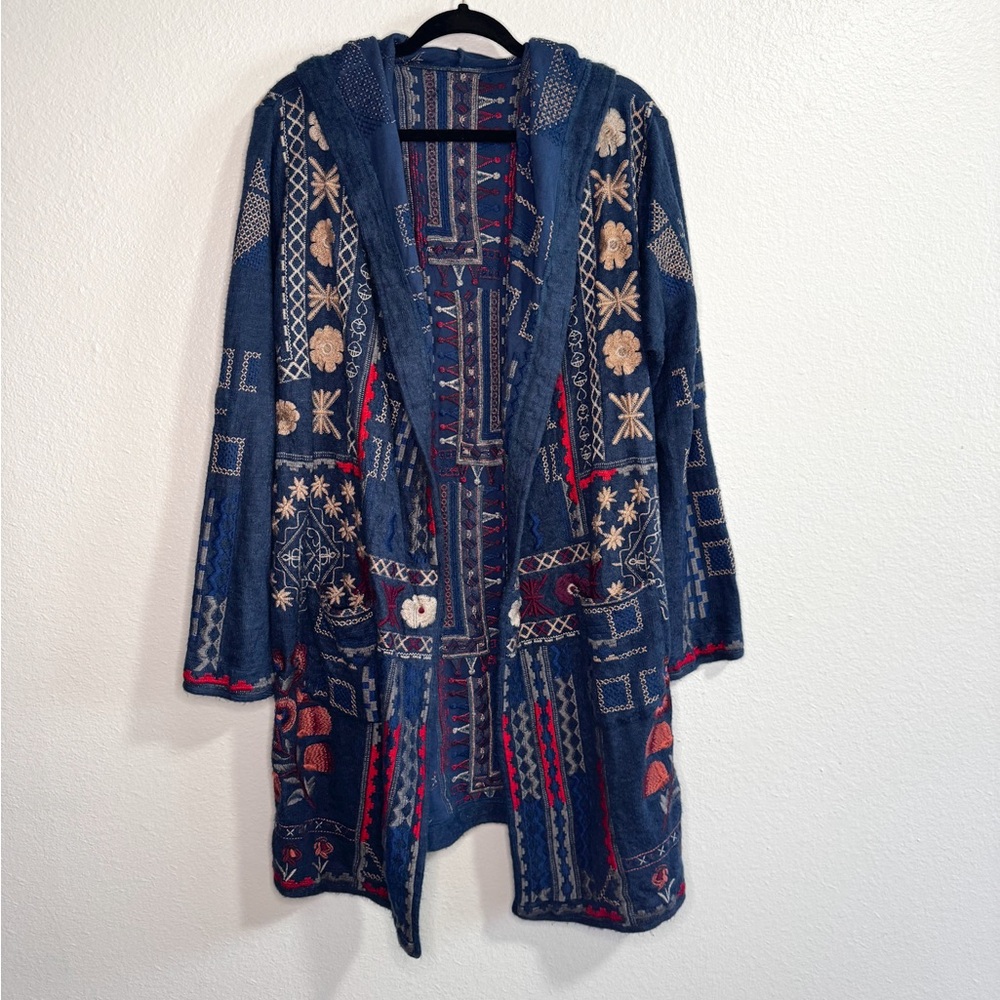 Johnny Was Bohemian Floral Hooded Cardigan with Geometric Patterns